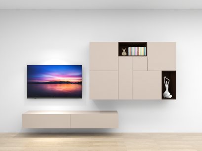 ชั้นวางทีวีพร้อมหน้าบานเปิดปิด ตู้และชั้นแขวนผนัง สไตล์ BoxBox เฟอร์นิเจอร์สั่งผลิต เลือกสี เลือกลายได้