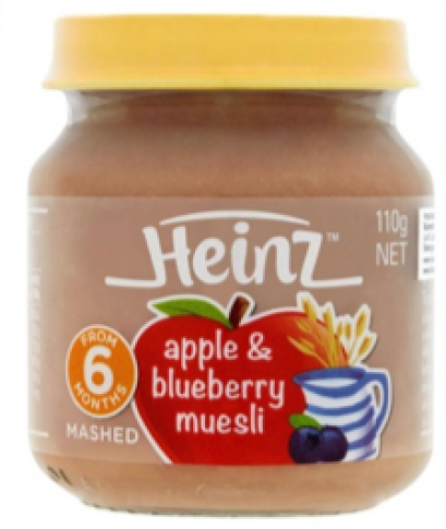 HEINZ APPLE &amp; BLUEBERRY MUESLI 110 G. อาหารสำหรับเด็กรสแอปเปิ้ลและบลูเบอร์รี่ 110 กรัม