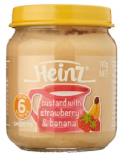 HEINZ CUSTARD WITH STRAWBERRY &amp; BANANA 110 G. อาหารสำหรับเด็กรสคัสตาร์ดผสมสตรอเบอร์รี่และกล้วย 110 กรัม