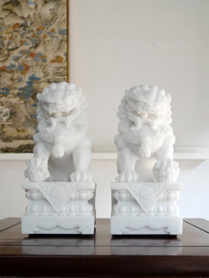 สิงโตคู่มงคลจีนหินอ่อนสำหรับตั้งโต๊ะตกแต่งบ้านปรับฮวงจุ้ย