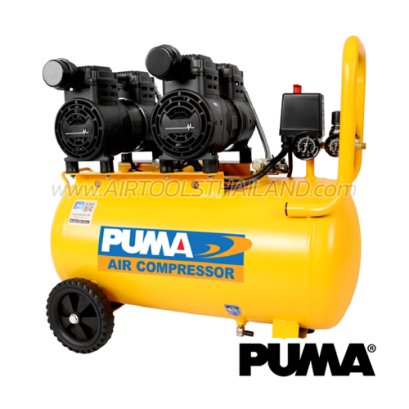 HUSH-50 ปั๊มลมไร้น้ำมันพูม่า / ปั๊มลมออยล์ฟรีพูม่า ความจุถังลม 50 ลิตร 750W x2 แรงดันลม 7 บาร์ รอบมอเตอร์ 1450 RPM พูม่า PUMA