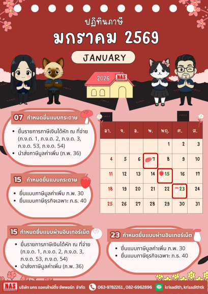 ปฏิทินภาษี ประจำเดือนมกราคม 2569