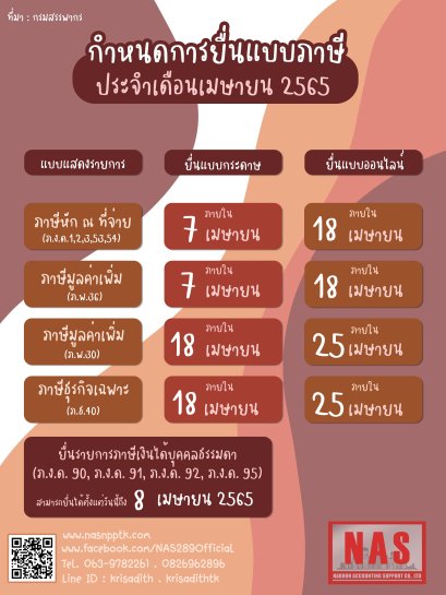 ปฏิทินการยื่นแบบประจำเดือนเมษายน