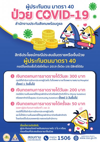 ผู้ประกันตนตามมาตรา 40 ป่วย COVID-19 สำนักงานประกันสังคมพร้อมดูแล