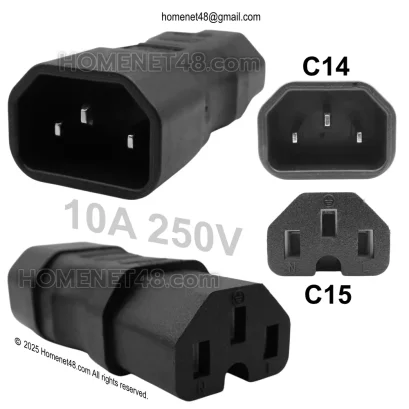 หัวแปลงปลั๊กไฟ IEC C14 (M) to C15 (F) หัวตรง (10A 250V)