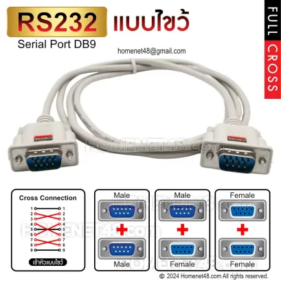 สาย RS232 Serial Port DB9 แบบไขว้ Full Cross MM MF FF สีขาว และผังการเข้าหัวสาย