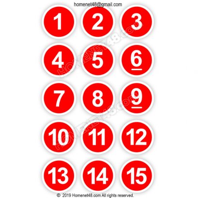 สติกเกอร์ตัวเลข ติดโต๊ะอาหาร สีแดง วงกลมขนาด 8.5 x 8.5ซม. ตัวเลข 1-15  กันน้ำ กันแดด Sticker PVC ชนิดผิวมัน