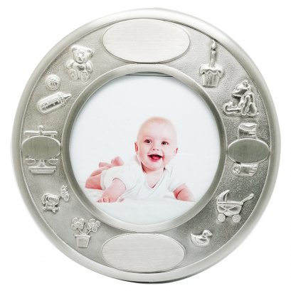 Pewter Birth Record and Photo Frame Round