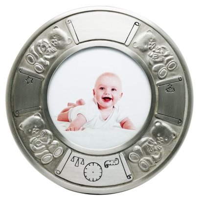 Pewter Teddies Birth Record and Photo Frame Round