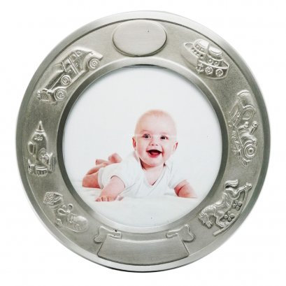 Pewter Birth Record and Photo Frame Round