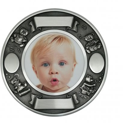 Pewter Teddies Birth Record and Photo Frame Round
