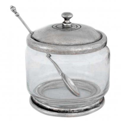 Pewter Jar with Spoon /  D: 9  H: 10 cms.