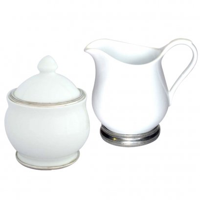 Porcelain Milk &amp; Sugar Pots with Pewter Décor