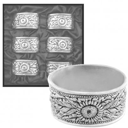 Pewter Round Napkin Rings, Floral Design - 6 pieces in giftbox