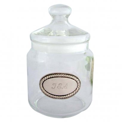 Pop Jar / Pewter Tea Label / D 13.5  H: 21  cms.