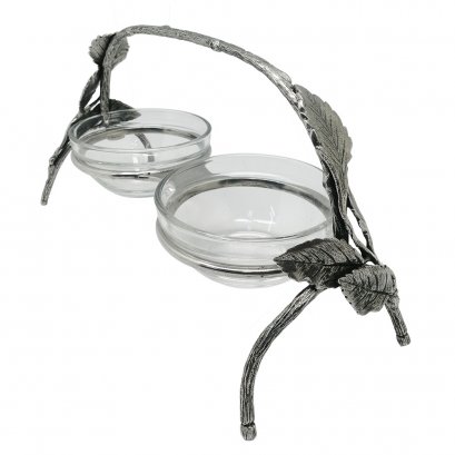 Basket Glass Two Snack Bowl / Pewter Flower Decorate