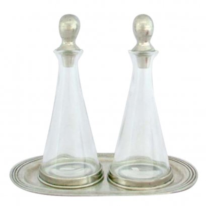 Oil Vinegar Bottles w/Pewter Base, Stopper &amp; Tray