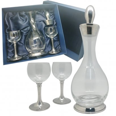 Wine Decanter &amp; Goblet w/Pewter Stem, lid, set in Giftbox