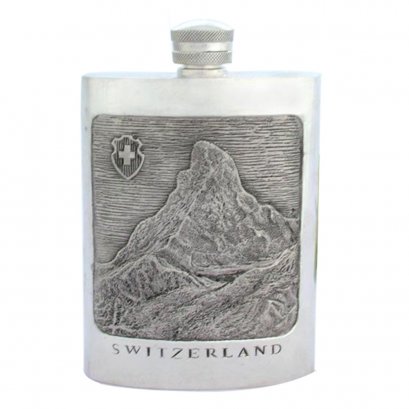 Pewter Hip Flask - Swiss Alps Motif Design- POLISHED