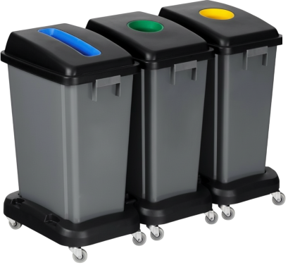 ชุดถังขยะทรงเหลี่ยม มีฝาปิด 3ช่อง ติดตั้งล้อ แยกประเภทขยะได้ สีเทา ขนาด 180 ลิตร ตรา HORECAT 56077