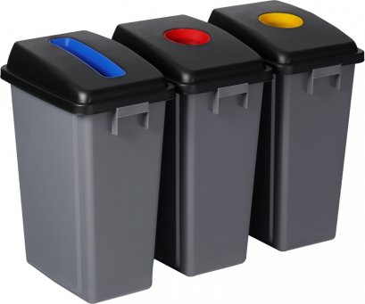 ถังขยะทรงเหลี่ยม มีฝาปิด 3 ช่องแยกประเภทขยะได้ สีเทา ขนาด 180 ลิตร ตรา HORECAT 56084