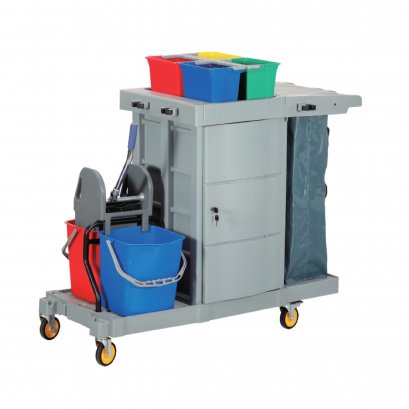 รุ่น HOSPITAL รถเข็นแม่บ้านทำความสะอาดสำหรับโรงพยาบาล มีตู้เก็บของพร้อมกุญแจล็อก แข็งแรงทนทาน พลาสติกไม่เหม็น ไม่ขึ้นรา ตรา HORECAT 56145