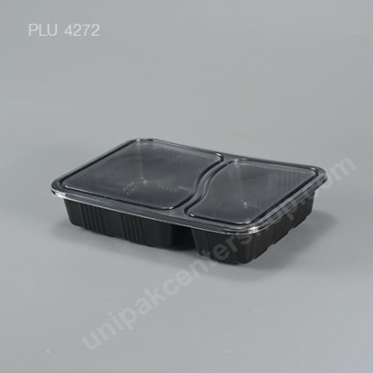 กล่องอาหาร 2 ช่อง PP ดำ 800 ml + ฝา PET ใส