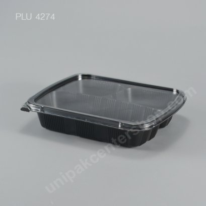กล่องอาหาร 3 ช่อง PP ดำ + ฝา PET 830 ml