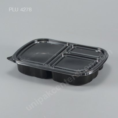 กล่องอาหาร 3 ช่อง PP ดำ  820 ml + ฝา PET ใส