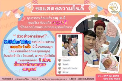คุณวรากร ก้อนแก้ว อายุ 36 ปี และคุณรุจิรา ก้อนแก้ว อายุ 39 ปี ที่ได้คลอดน้องณิรินเป็นที่เรียบร้อย