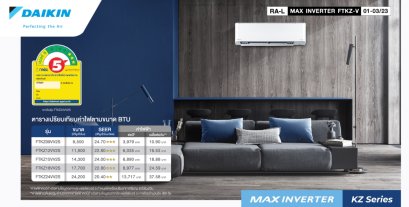 FTKZ09VV2S ไดกิ้น DAIKIN แบบติดผนัง รุ่น MAX INVERTER STAR KZ series R-32 ขนาด 8,500BTU(4100-12300) #5⭐⭐⭐ รีโมทไร้สาย 2026