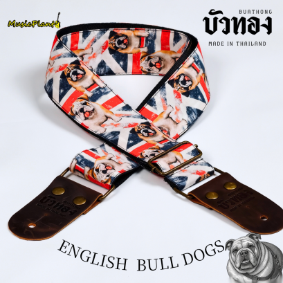 บัวทอง สายสะพายกีตาร์ ลายไทย หนังแท้ ลาย English Bulldog