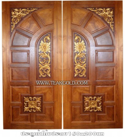 035_ประตูไม้สักบานคู่ โค้งประกบแกะลายดอกไม้