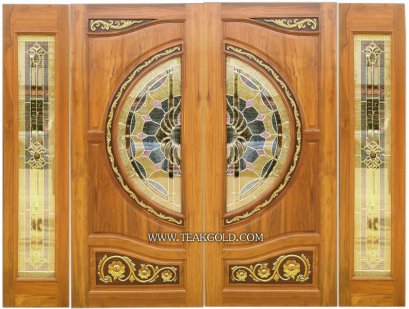 048_ประตูไม้สักกระจกนิรภัยวงแตงโมแกะสลัก