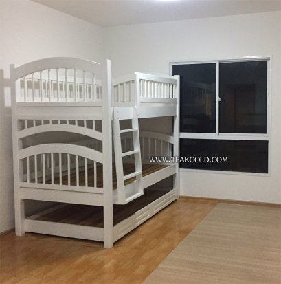 044_เตียงไม้สัก 3.5 ฟุต 3 ชั้น สีขาว