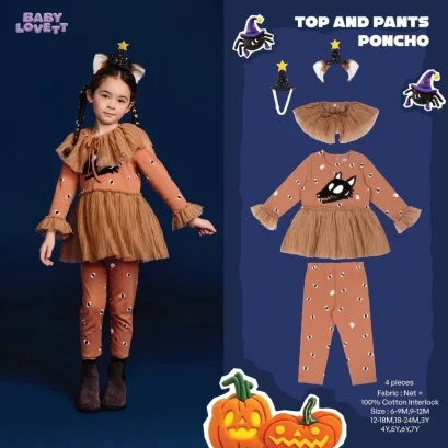 BabyLovett 02 Boo Halloween Top Pants & Poncho ชุดแฟนซีเด็ก 4 ชิ้น พร้อมผ้าคลุมและที่คาดผมหูแมว