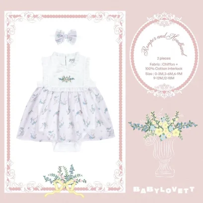 BabyLovett Villa Fontaine Collection Dress No.12 ชุดเดรสเด็กพิมพ์ลาย ตกแต่งระบาย โบว์ และลายปัก