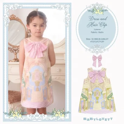 BabyLovett Villa Fontaine Collection ชุดเดรสเด็กผ้าซาติน พิมพ์ลาย พร้อมโบว์ตกแต่ง
