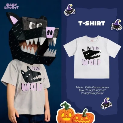 BabyLovett เสื้อยืดเด็ก Halloween 100% Cotton Jersey ลายหมาป่า ฟักทอง และค้างคาวเรืองแสง