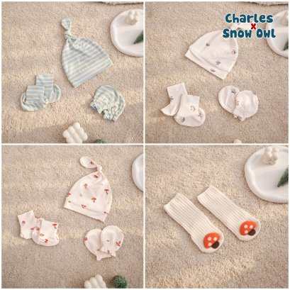 Charles x Snow Owl  Baby Bib หมวก ถุงมือ ถุงเท้า สำหรับเด็ก Baby Hat Mitten &amp; Socks set