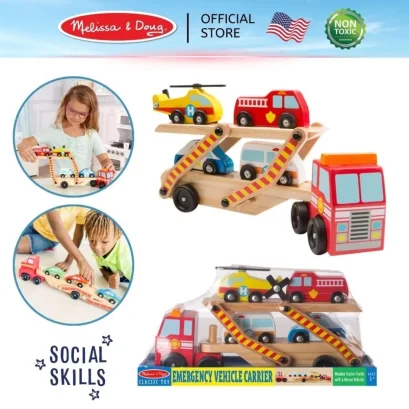 Melissa & Doug Emergency Vehicle Carrier รุ่น 4610 ชุดรถบรรทุกขนรถกู้ภัย พร้อมรถฉุกเฉินไม้ 4 คัน