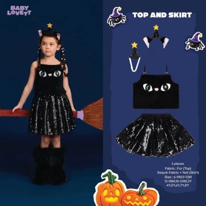 Babylovett 01 Boo Halloween Top and Skirt ชุดแฟนซีเด็ก 3 ชิ้น เสื้อ กระโปรง และที่คาดผมหูแมว