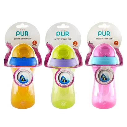 PUR แก้วน้ำหลอดดูด Silicone Straw Cup 8oz รูปทรงเว้าจับง่าย สำหรับเด็ก 6 เดือนขึ้นไป