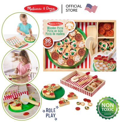 Melissa &amp; Doug Pizza Party  Wooden Play Food รุ่น 0167 ชุดพิซซ่าพร้อมถาดไม้ ตกแต่งหน้า เล่นทำอาหาร