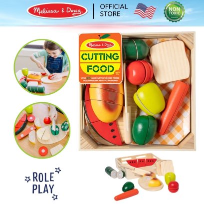 Melissa &amp; Doug Cutting Food รุ่น 0487 ของเล่นไม้หั่นอาหาร ผักผลไม้ มีเวลโคร่ตีนตุ๊กแกพร้อมมีด &amp; ถาดไม้