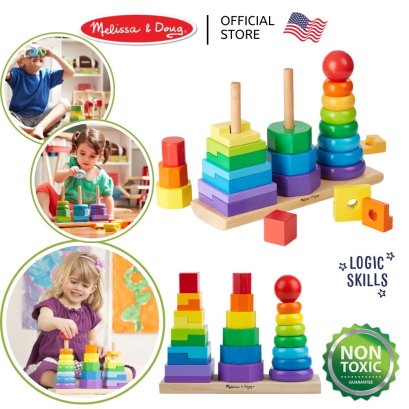 Melissa &amp; Doug Geometric Stacker รุ่น 0567 หอคอยสีรุ้ง 3 เสา เปรียบเทียบขนาด ของเล่นไม้ มอนเตสซอรี่