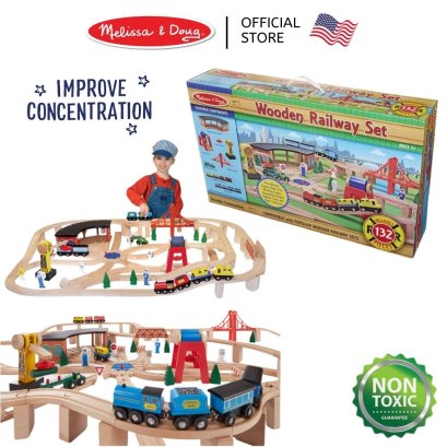 Melissa &amp; Doug Wooden Railway Train Set รุ่น 0701 ชุดต่อรางรถไฟ 132 ชิ้น (รางรถไฟ ต่อแล้วขนาด 75 x 45 x 16 cm)