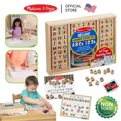 Melissa &amp; Doug Deluxe Wooden Stamp Set ABC &amp; 123 รุ่น 30118 สแต๊มป์ ABC &amp; 123 แผ่นกิจกรรม 25 แผ่น non-toxic ล้างออกได้