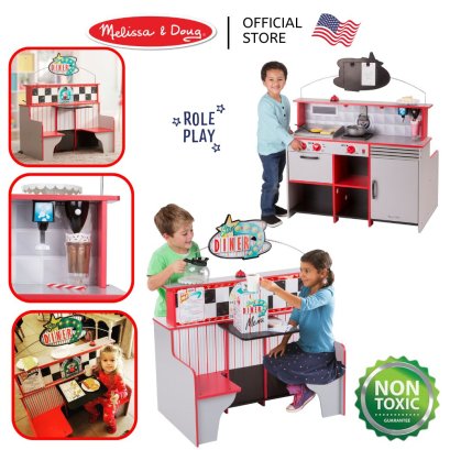 Melissa &amp; Doug Star Diner Restaurant รุ่น 3951ชุดเคาท์เตอร์ครัว ชุดร้านอาหารพร้อมโต๊ะและเก้าอี้นั่ง เล่นได้ 2 ด้าน ขายของ ใหญ่มาก (100 x 89 x 58 cm)
