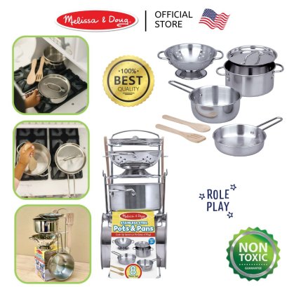 Melissa &amp; Doug Stainless Steel Pots &amp; Pans รุ่น 4265 ชุดเครื่องครัวเหมือนจริง สเตนเลส &amp; ไม้ เล่นทำครัว